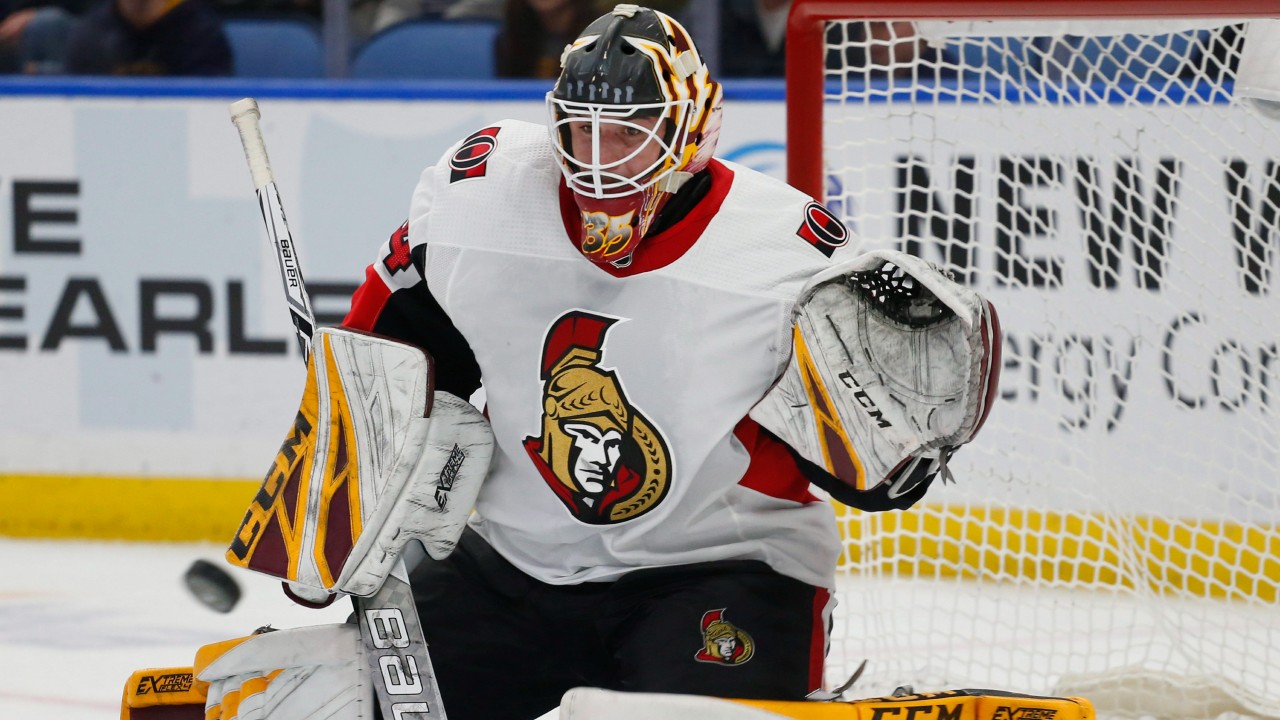 Ottawa Senators goalie Joey Daccord makes a save during the third period of the team's NHL hockey game against the Buffalo Sabres on Thursday, April 4, 2019, in Buffalo, N.Y. (Jeffrey T. Barnes / AP)