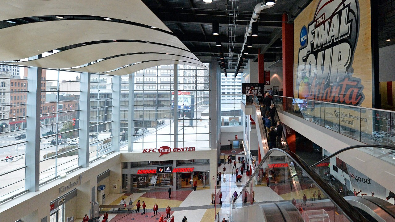 The entrance of the KFC Yum! Center, the home of the University of Louisville men's basketball team. (Timothy D. Easley / AP)