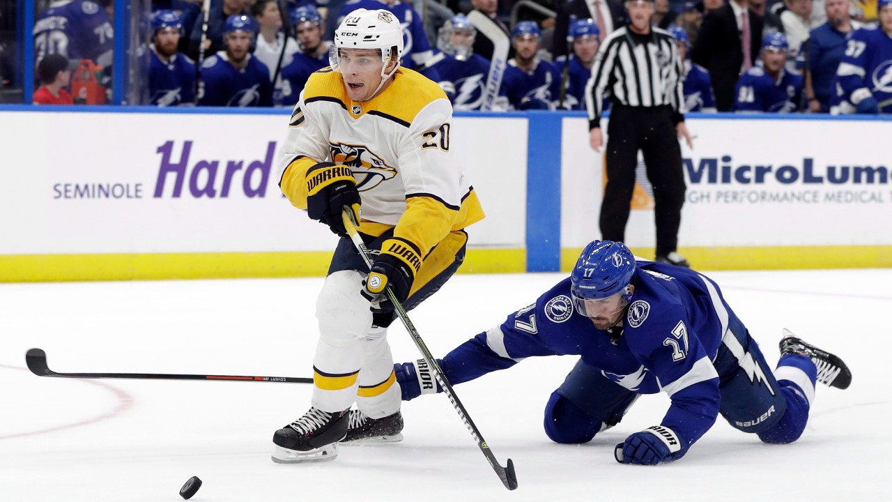 Nashville Predators right wing Miikka Salomaki (20) gets past Tampa Bay Lightning left wing Alex Killorn (17) to score an empty-net goal during the third period of an NHL hockey game. (Chris O'Meara/AP)