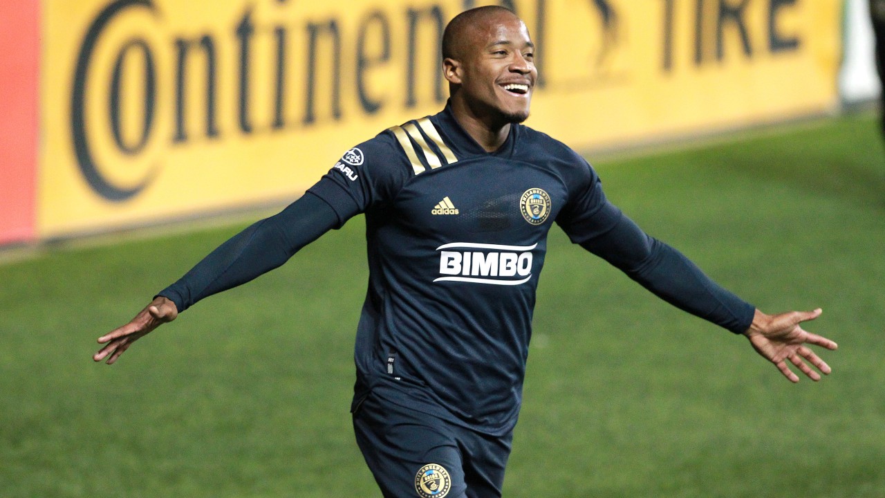 Sergio Santos, of the Philadelphia Union, celebrates after his goal against Toronto FC during the first half of an MLS match. (Charles Fox/The Philadelphia Inquirer via AP)
