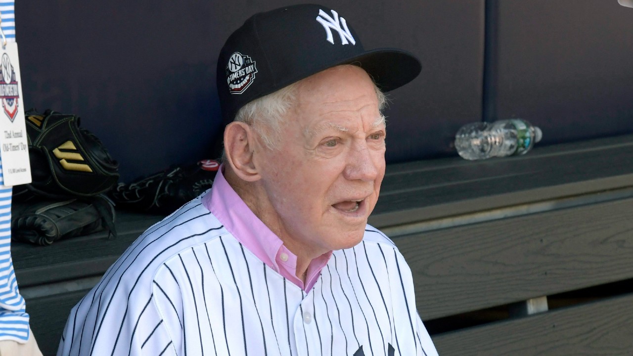 New York Yankees' Whitey Ford sits in the dugout at the Yankees Old Timers' Day baseball game Sunday, June 17, 2018, at Yankee Stadium in New York. (Bill Kostroun/AP)
