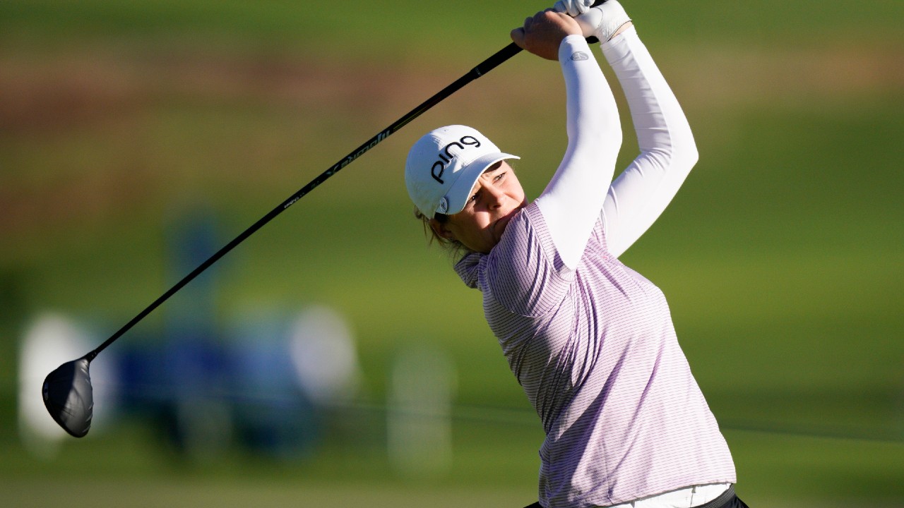 Ally McDonald watches her tee shot on the 15th hole during the first round of the KPMG Women's PGA Championship golf tournament at the Aronimink Golf Club, Thursday, Oct. 8, 2020, in Newtown Square, Pa. (Chris Szagola/AP)