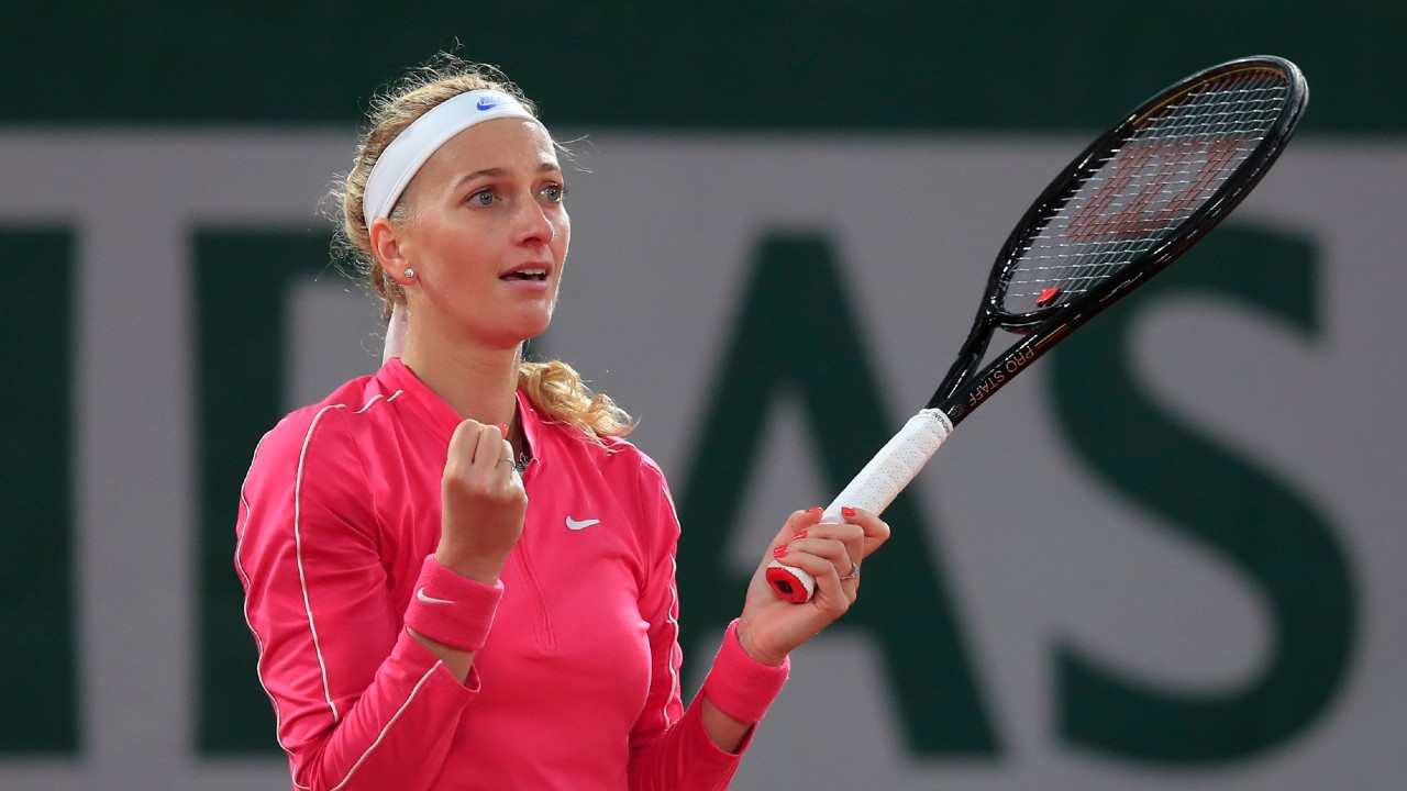 Petra Kvitova of the Czech Republic celebrates winning her fourth round match of the French Open tennis tournament against China's Zhang Shuai in two sets 6-2, 6-4, at the Roland Garros stadium in Paris, France, Monday, Oct. 5, 2020. (Michel Euler/AP)