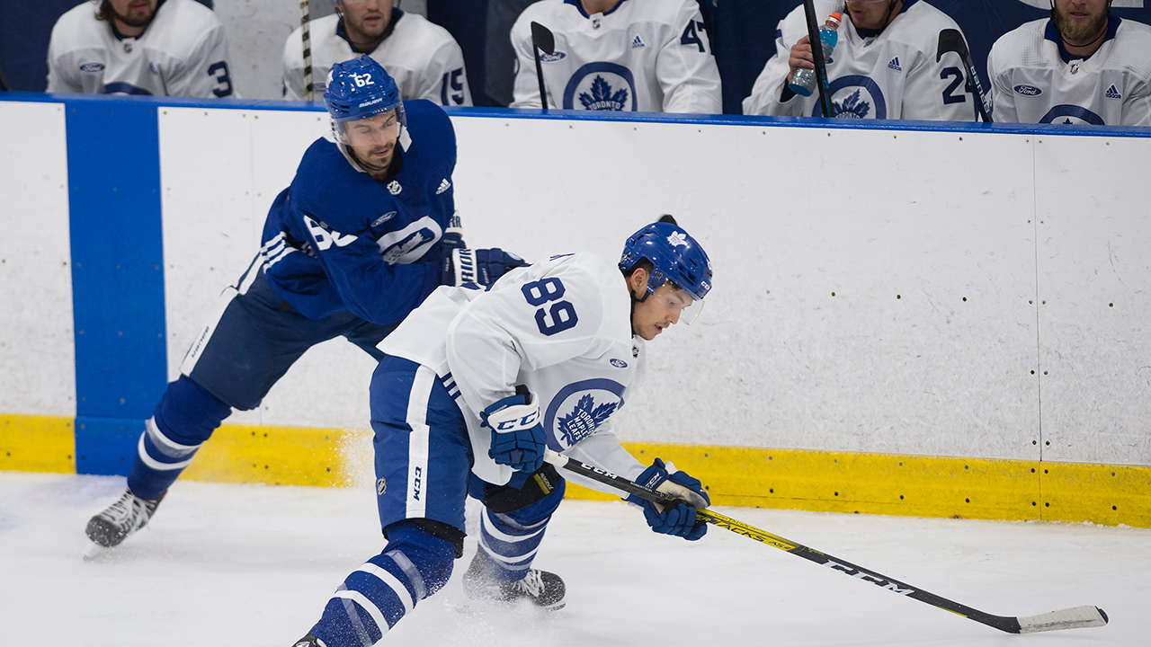 Toronto Maple Leafs forward Nicolas Robertson (89) protects the puck against centre Denis Malgin (62) during NHL training camp ahead of the NHL Stanley Cup playoffs in Toronto on Wednesday, July 15, 2020. (Nathan Denette/CP)