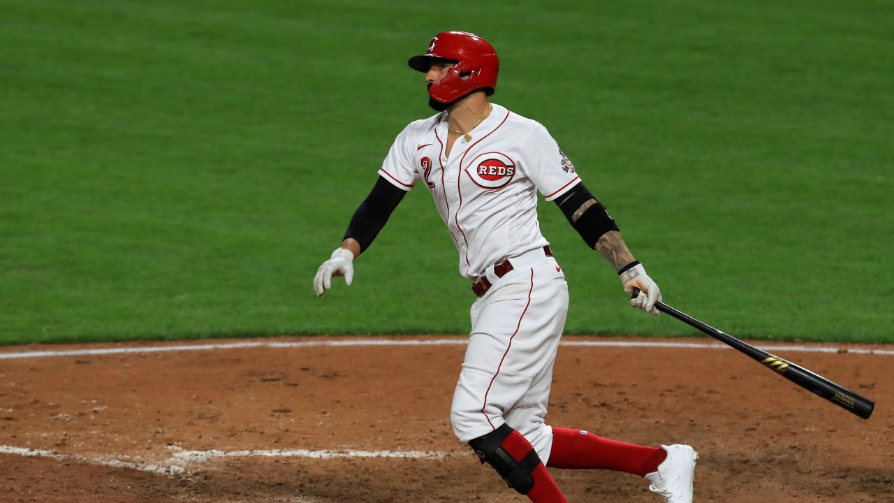 Cincinnati Reds' Nick Castellanos watches his hit against the Pittsburgh Pirates in the sixth inning during a baseball game in Cincinnati, Monday, Sept. 14, 2020. (AP Photo/Aaron Doster)