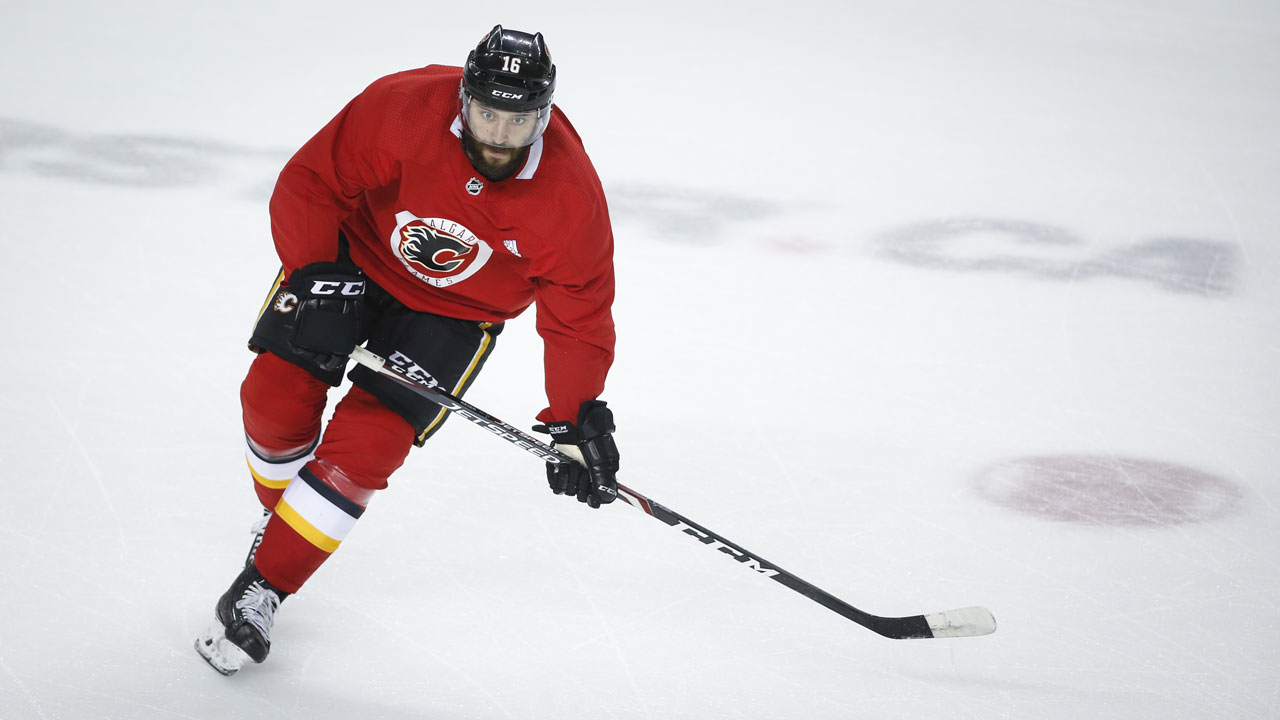 Calgary Flames' Tobias Rieder skates during team practice in Calgary. (Jeff McIntosh/CP)