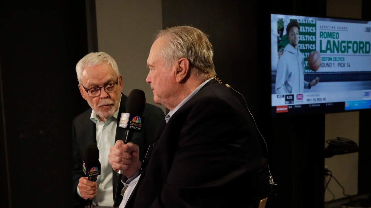 Boston Celtics TV broadcasters Mike Gorman, left, and Tommy Heinsohn. (AP Photo/Elise Amendola)