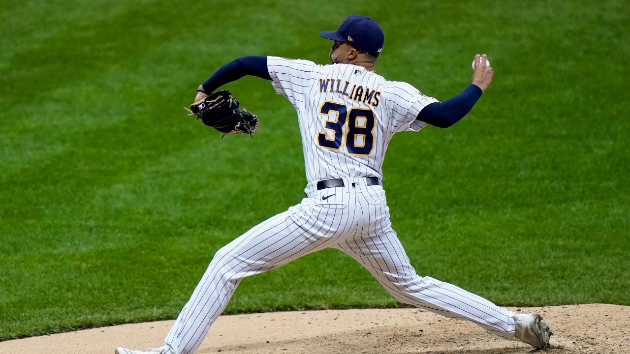 Milwaukee Brewers relief pitcher Devin Williams throws during the seventh inning of a baseball game against the Kansas City Royals Saturday, Sept. 19, 2020, in Milwaukee. (Morry Gash / AP) 