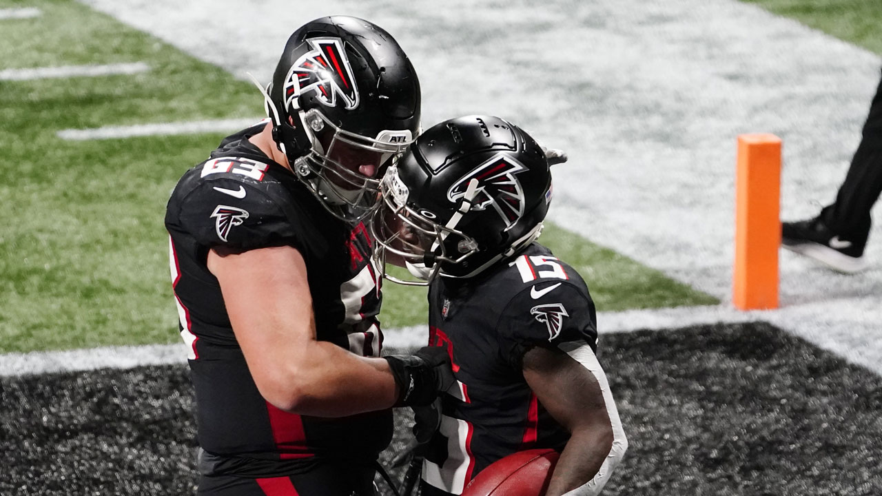 Atlanta Falcons wide receiver Brandon Powell (15) celebrates his touchdown with Chris Lindstrom during the second half of an NFL football game against the Las Vegas Raiders. (Brynn Anderson/AP)