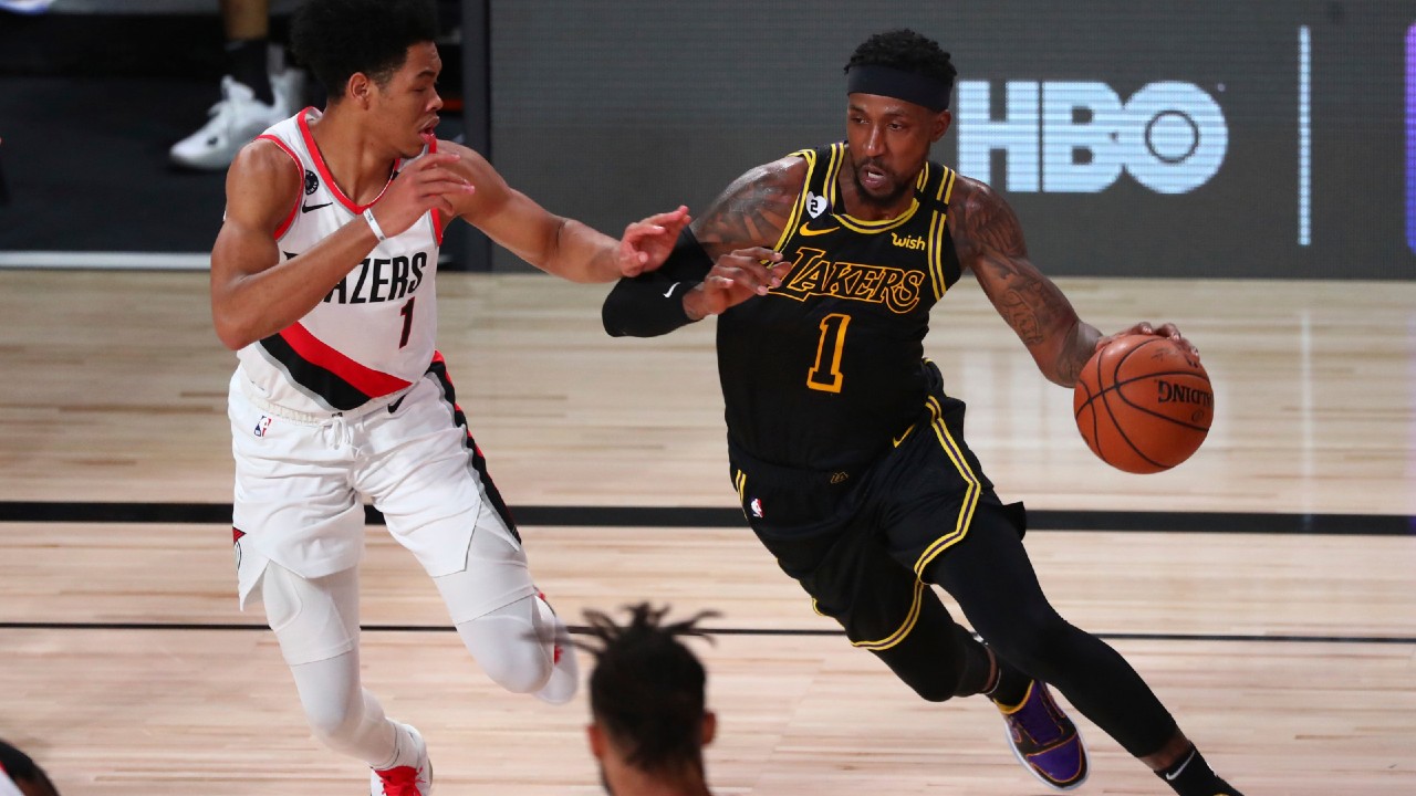 Los Angeles Lakers guard Kentavious Caldwell-Pope is reportedly declining his player option and will become a free agent. (Kim Klement/Pool Photo via AP)