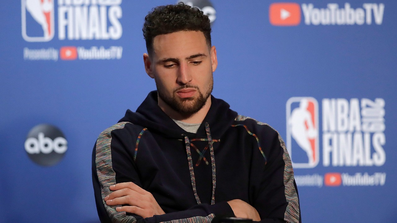 Golden State Warriors' Klay Thompson waits to speak during a media conference after Game 4 of basketball's NBA Finals against the Toronto Raptors. (Ben Margot/AP)