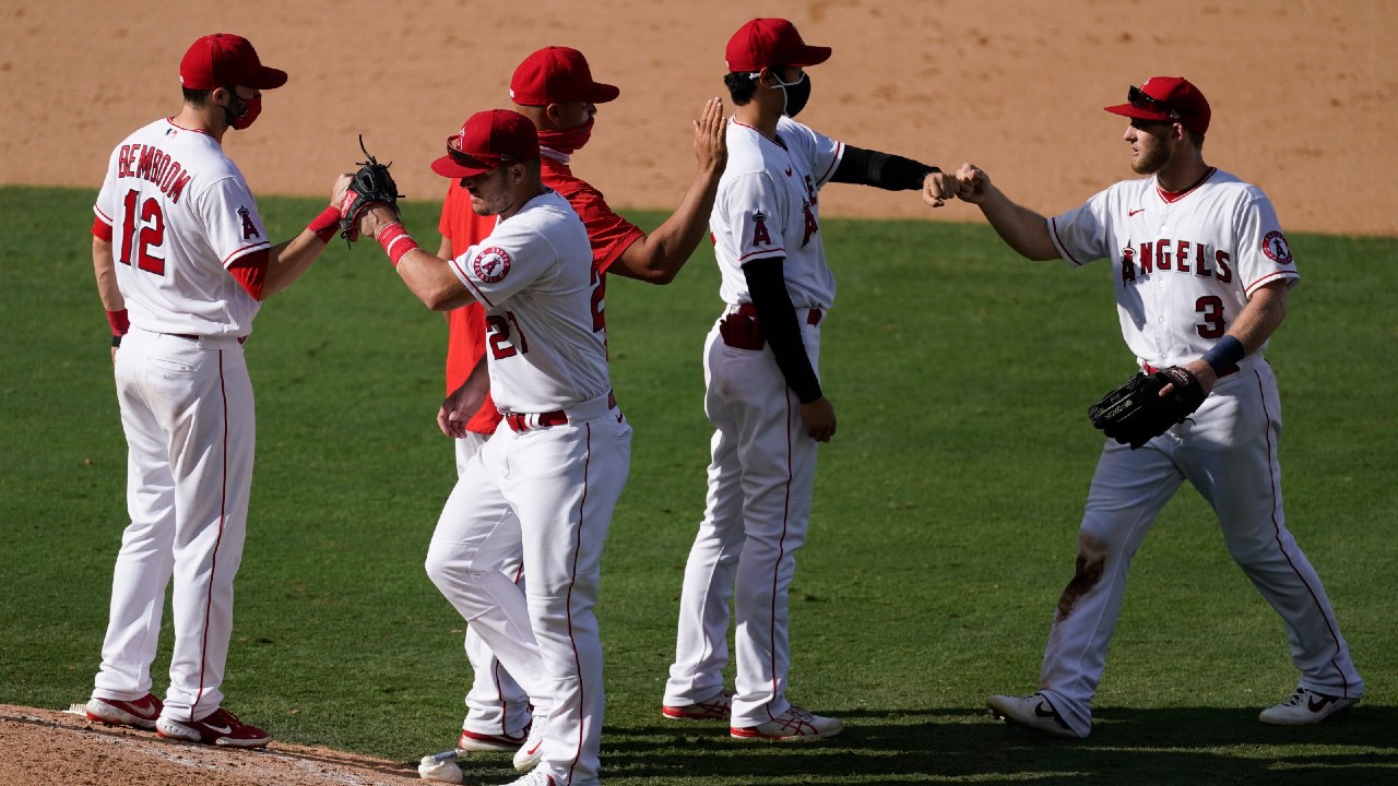 The Los Angeles Angels celebrate a win over the Texas Rangers after a baseball game Monday, Sept. 21, 2020, in Anaheim, Calif. (Ashley Landis/AP)