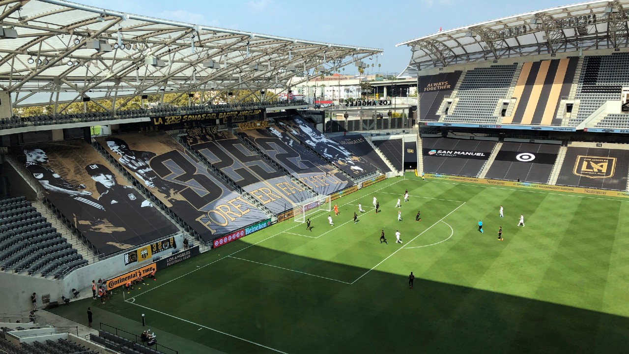 Los Angeles FC and the LA Galaxy play the eighth edition of their rivalry game, El Trafico, at Banc of California Stadium on Saturday, Aug. 22, 2020, in Los Angeles. The game was played behind closed doors as Major League Soccer returns in empty stadiums this week, depriving the rivalry of the energy derived from the clubs’ passionate fan bases. The Galaxy won 2-0. (Greg Beacham/AP)