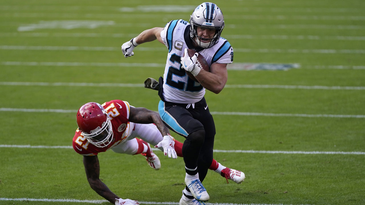 Carolina Panthers running back Christian McCaffrey (22) runs against Kansas City Chiefs cornerback Bashaud Breeland (21) during the second half of an NFL football game. (Jeff Roberson/AP)