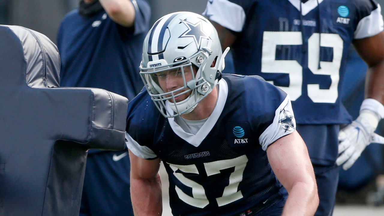 Dallas Cowboys linebacker Luke Gifford (57) goes through drills during NFL football training camp in Frisco, Texas, Sunday, Aug. 16, 2020. (Michael Ainsworth/AP)