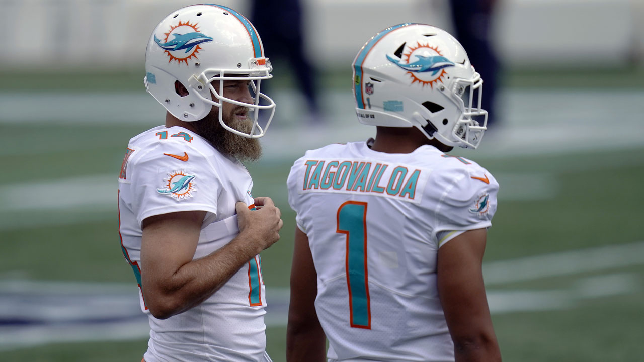 Miami Dolphins quarterbacks Ryan Fitzpatrick (14) and Tua Tagovailoa (1) warm up before an NFL football game. (Charles Krupa/AP)