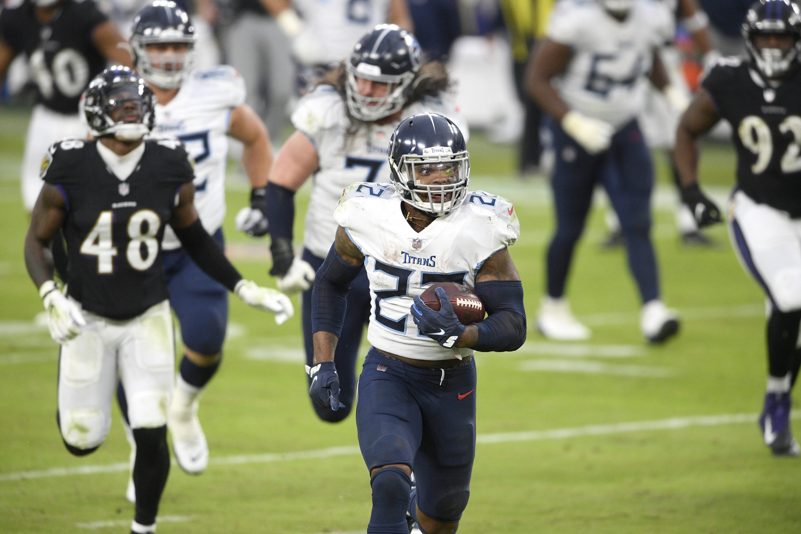 Tennessee Titans running back Derrick Henry (22) runs for a game-winning touchdown against the Baltimore Ravens during overtime of an NFL football game, Sunday, Nov. 22, 2020, in Baltimore. The Titans won 30-24 in overtime. (Nick Wass/AP)