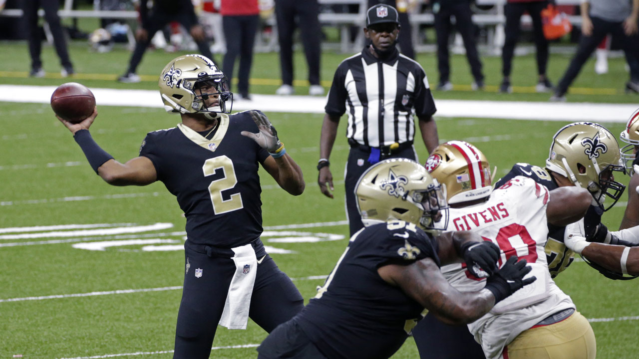 New Orleans Saints quarterback Jameis Winston (2) passes in the second half of an NFL football game against the San Francisco 49ers. (Butch Dill/AP)