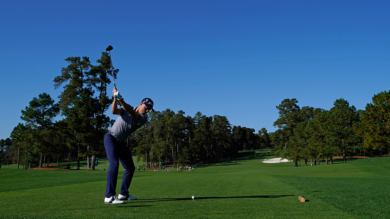 Justin Thomas tees off on the eighth hole during the second round of the Masters golf tournament Friday, Nov. 13, 2020, in Augusta, Ga. (David J. Phillip/AP)