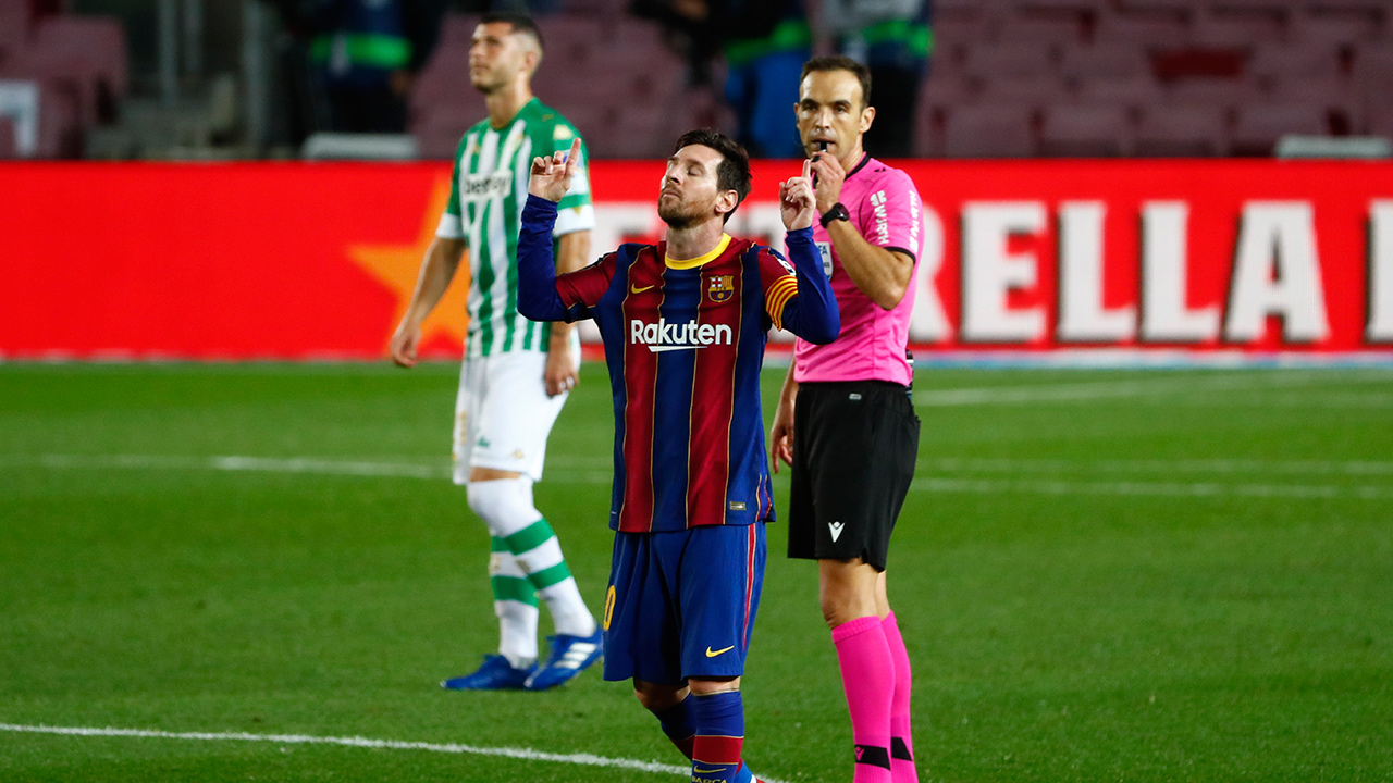 Barcelona's Lionel Messi celebrates after scoring his side's fourth goal during the La Liga match between FC Barcelona and Betis at the Camp Nou stadium in Barcelona, Spain, Saturday, Nov. 7, 2020. (Joan Monfort/AP)