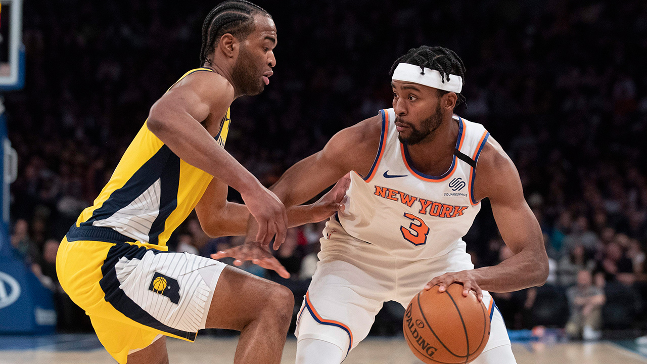 New York Knicks forward Maurice Harkless (3) drives against Indiana Pacers forward T.J. Warren (1) in the second half, Friday, Feb. 21, 2020, at Madison Square Garden in New York. (Mary Altaffer/AP)