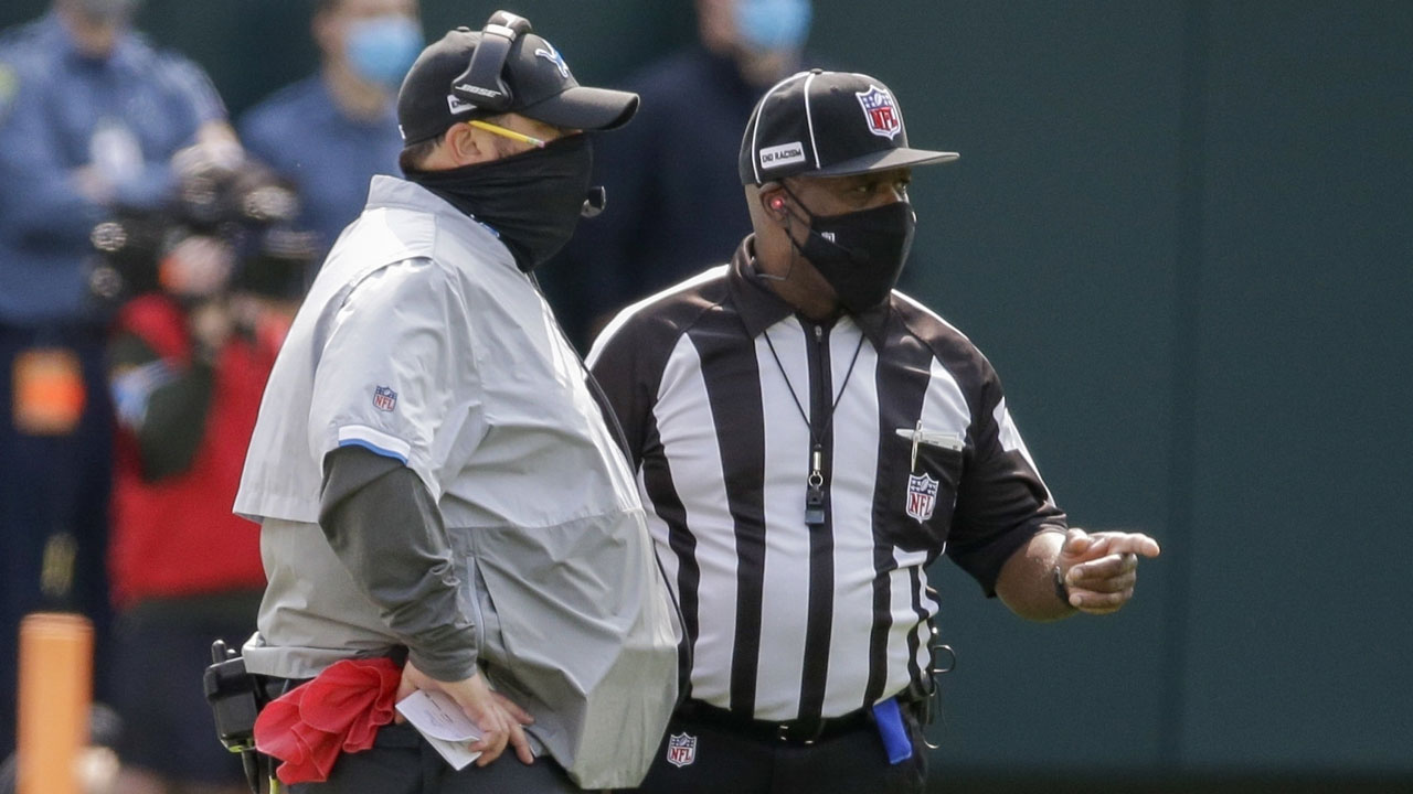 Detroit Lions head coach Matt Patricia talks to a referee during the first half of an NFL football game. (Mike Roemer/AP)