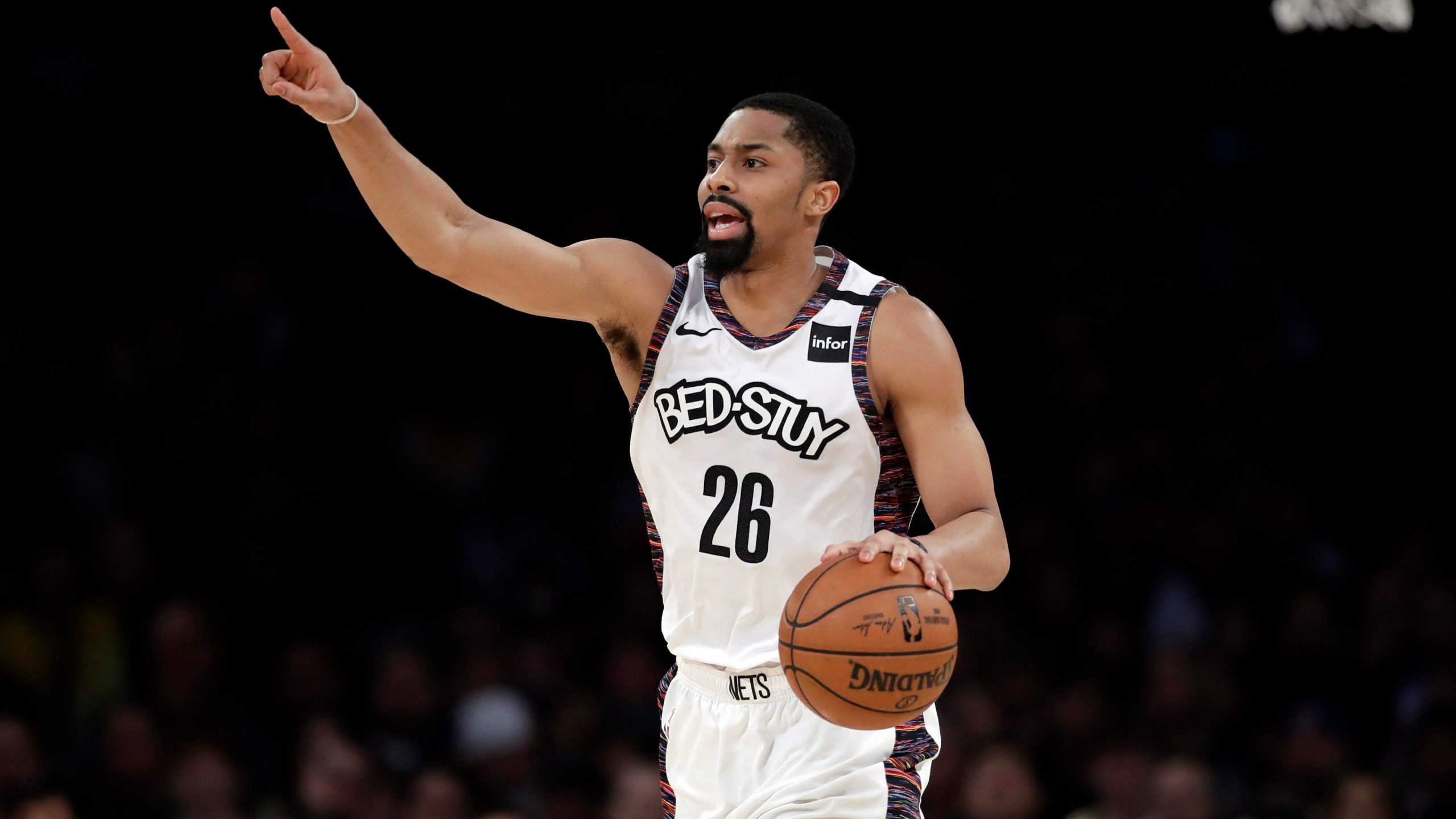 Brooklyn Nets' Spencer Dinwiddie (26) dribbles against the Los Angeles Lakers during the second half of an NBA basketball game. (Marcio Jose Sanchez/AP)