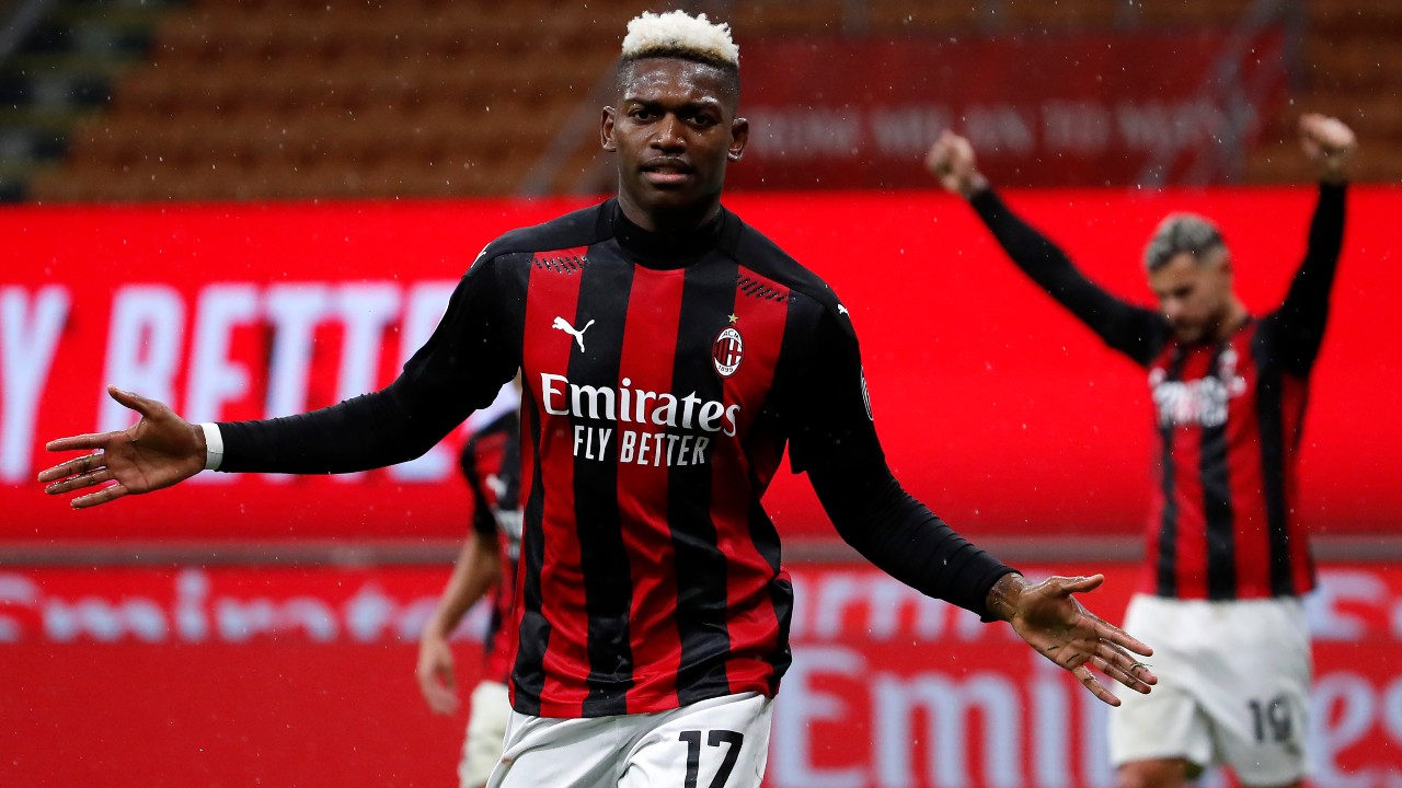 AC Milan's Rafael Leao celebrates a goal during a Serie A soccer match. (Antonio Calanni/AP)