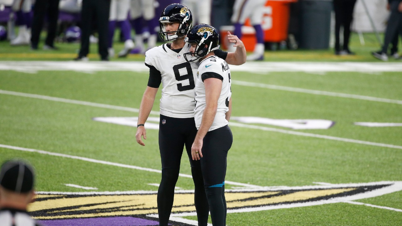 Jacksonville Jaguars place kicker Chase McLaughlin, right, reacts with teammate Logan Cooke (9) after missing a field goal. The Jaguars will face the Ravens Sunday without a punter after Cook was unable to play due to a illness. (Bruce Kluckhohn/AP)