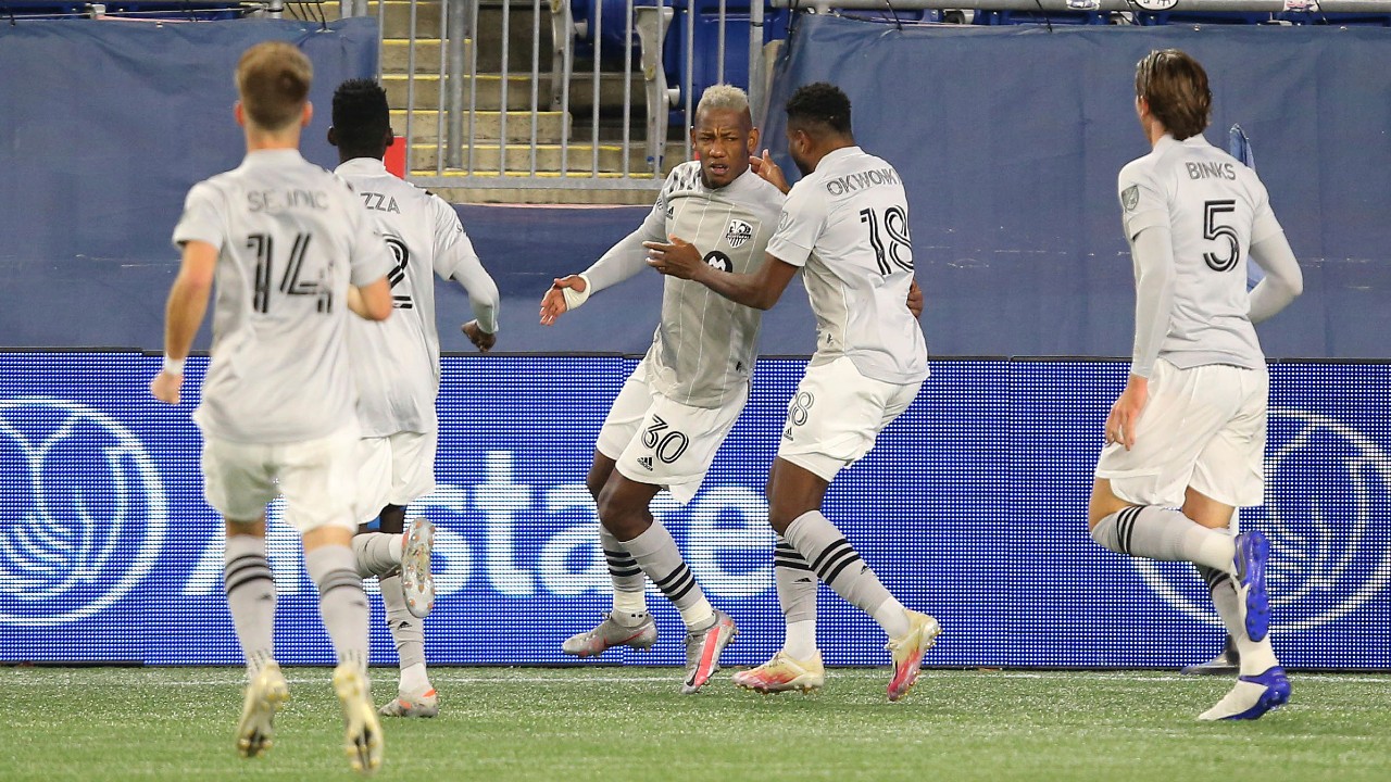 Montreal Impact forward Romell Quioto (30) celebrates his goal with forward Orji Okwonkwo (18) during the second half of a match against the New England Revolution. (Stew Milne/AP)