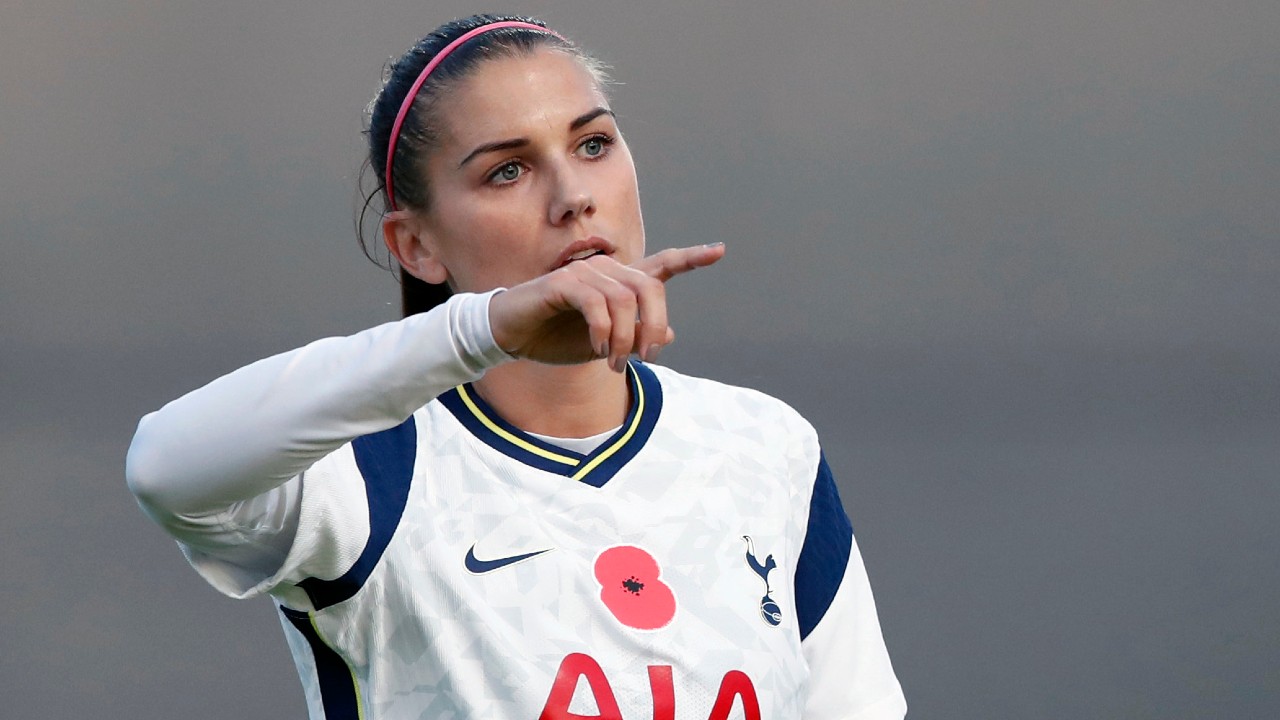Tottenham Hotspur's Alex Morgan gestures to her teammates during the English Women's Super League soccer match between Tottenham Hotspur and Reading. (Alastair Grant/AP)