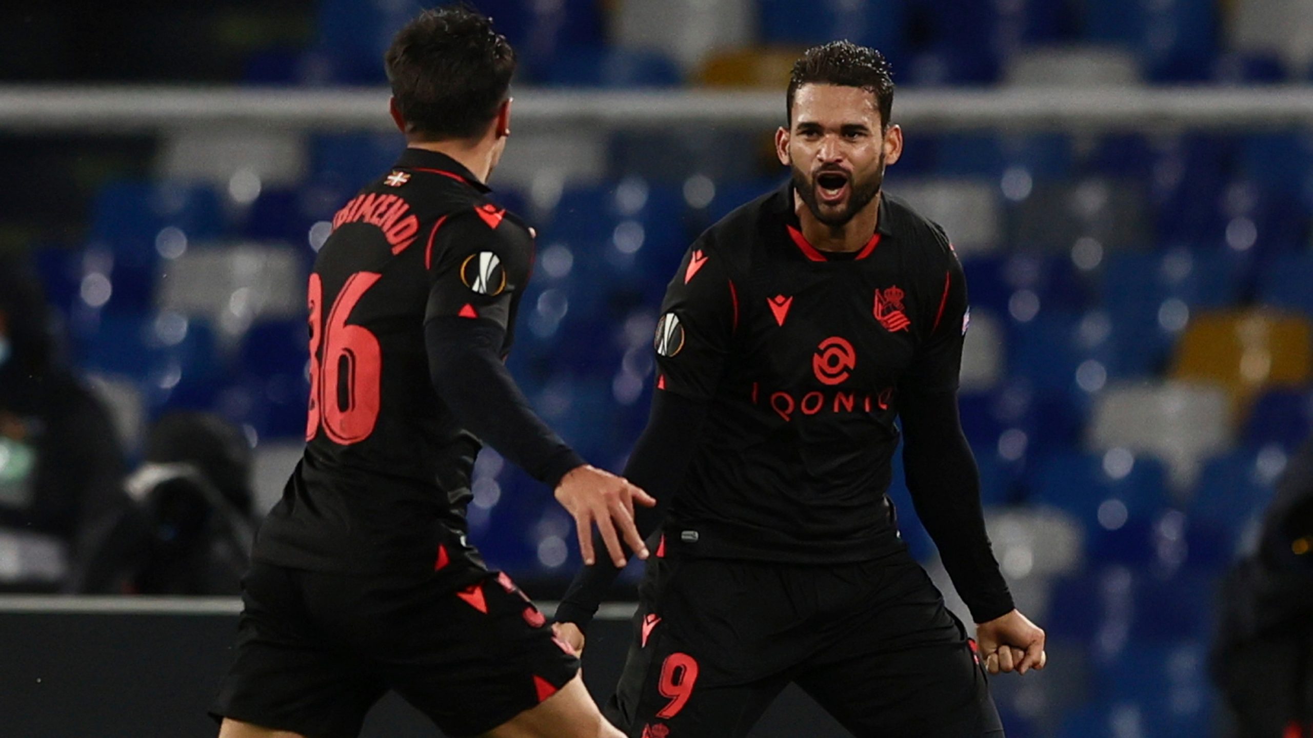 Real Sociedad's William Jose, right, celebrates after scoring. (Alessandro Garofalo/LaPresse via AP)