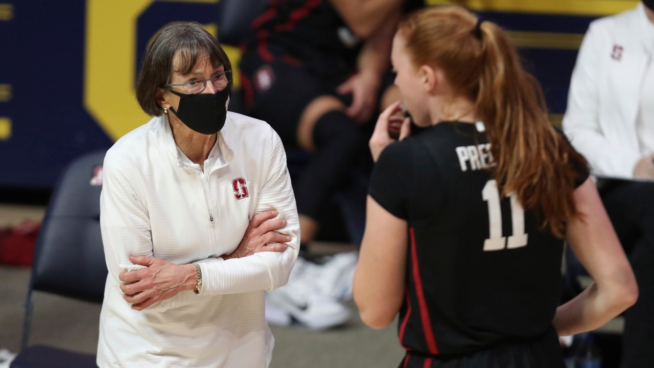 Stanford head coach Tara VanDerveer speaks with Ashten Prechtel (11) against California during the second half of an NCAA college basketball game, Sunday, Dec. 13, 2020, in Berkeley, Calif. (Jed Jacobsohn / AP)