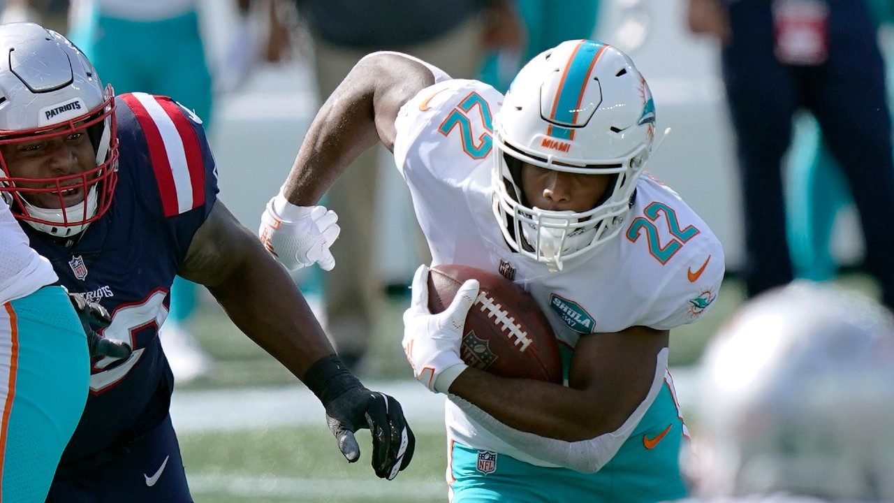 Miami Dolphins running back Matt Breida (22) carries the ball against the New England Patriots in the second half, Sunday, Sept. 13, 2020, in Foxborough, Mass. (Steven Senne/AP)