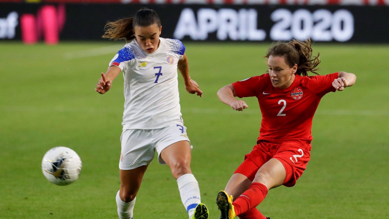 Canada defender Allysha Chapman, right, kicks the ball past Costa Rica forward Melissa Herrera during the second half of a CONCACAF women's Olympic qualifying soccer match Friday, Feb. 7, 2020, in Carson, Calif. (Chris Carlson/AP)