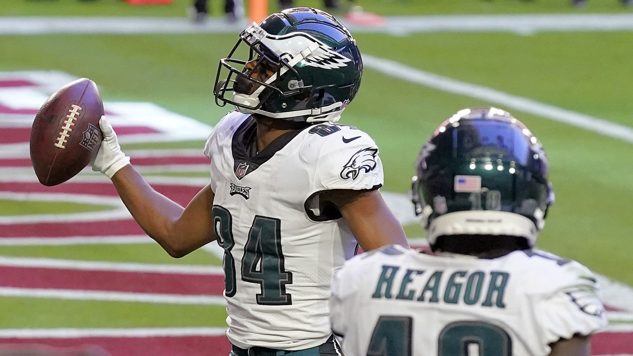 Philadelphia Eagles wide receiver Greg Ward (84) celebrates his touchdown catch against the Arizona Cardinals. (Ross D. Franklin/AP)