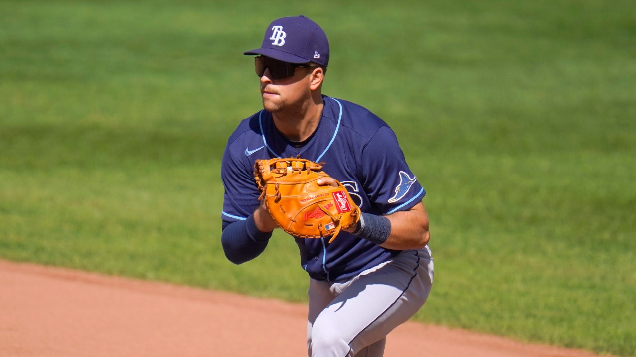 Former Tampa Bay Rays first baseman Nate Lowe fields a groundout by Baltimore Orioles' Rio Ruiz during the fifth inning of a baseball game, Sunday, Sept. 20, 2020, in Baltimore. (Julio Cortez/AP)