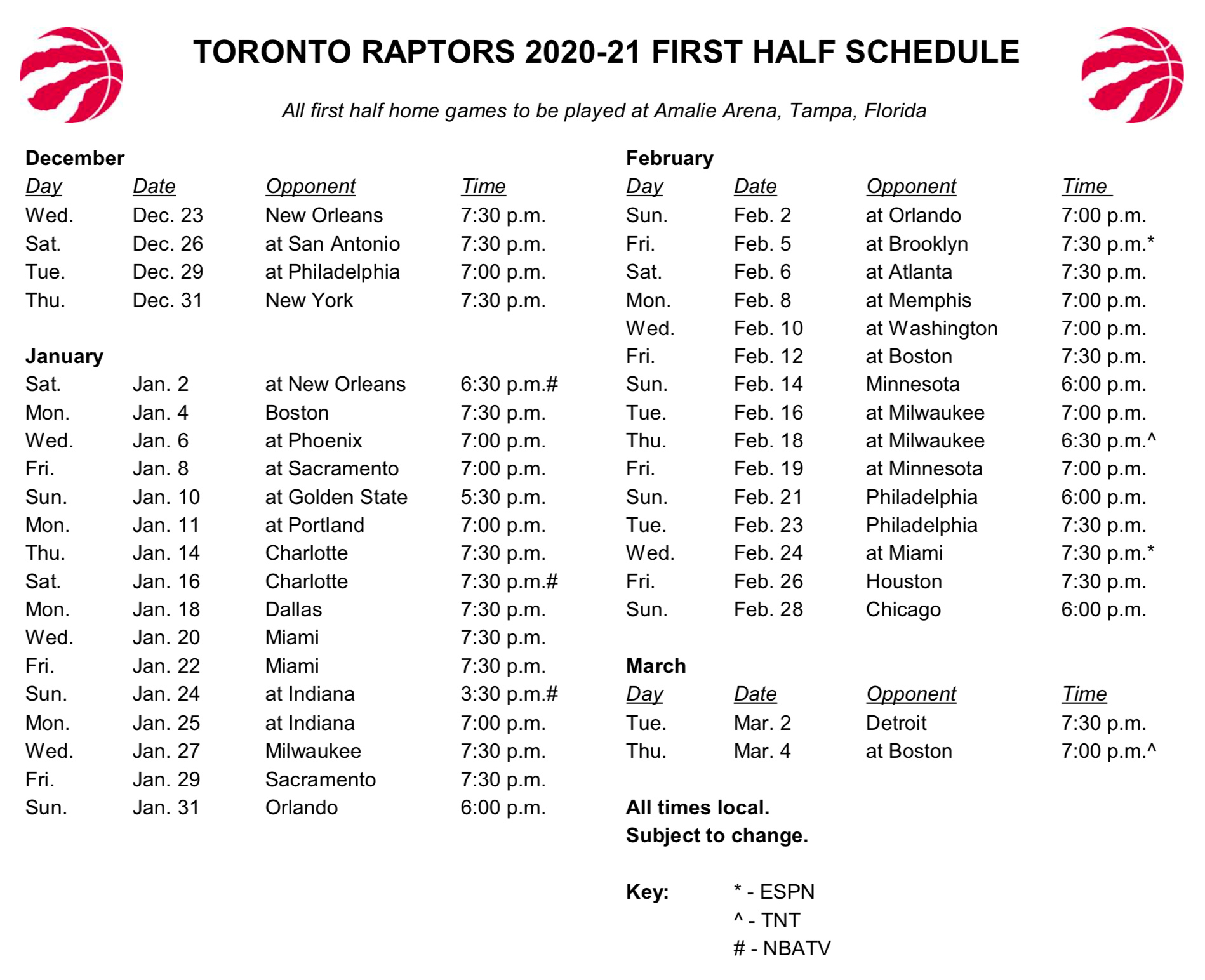 Nba Releases First Half Of 2020 21 Schedule Raptors Tip Off Vs Pelicans