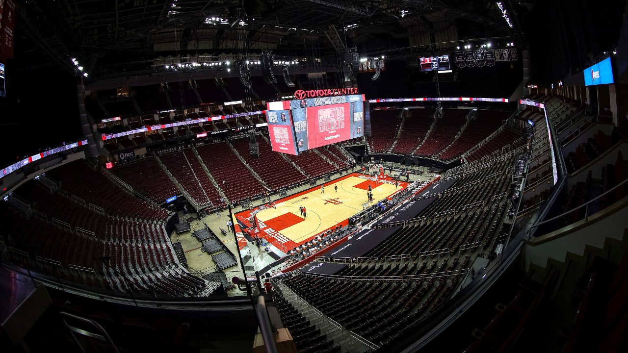 Toyota Center is viewed prior to an NBA basketball game between the Houston Rockets and the San Antonio Spurs, Thursday, Dec. 17, 2020, in Houston. (Carmen Mandato/Pool Photo via AP)
