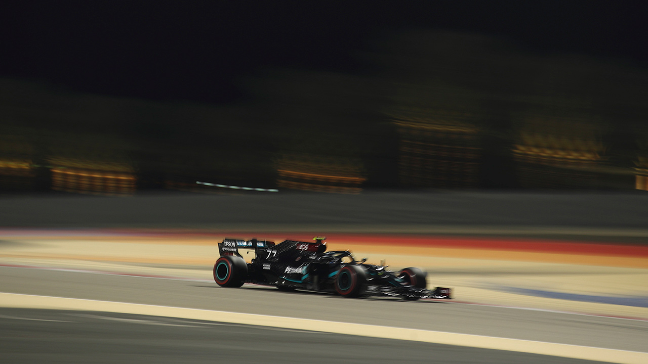 Mercedes driver Valtteri Bottas of Finland steers his car during the third free practice at the Formula One Bahrain International Circuit in Sakhir, Bahrain, Saturday, Dec. 5, 2020. The Bahrain Formula One Grand Prix will take place on Sunday. (Brynn Lennon, Pool via AP)