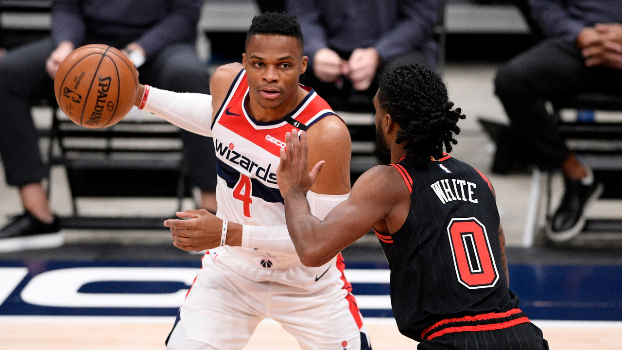 Washington Wizards guard Russell Westbrook (4) holds the ball next to Chicago Bulls guard Coby White (0) during the first half of an NBA basketball game, Tuesday, Dec. 29, 2020, in Washington. (Nick Wass/AP)
