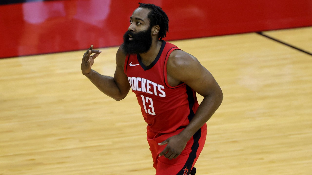 James Harden of the Houston Rockets reacts to a basket during the first quarter of an NBA basketball game. (Carmen Mandato/Pool Photo via AP)