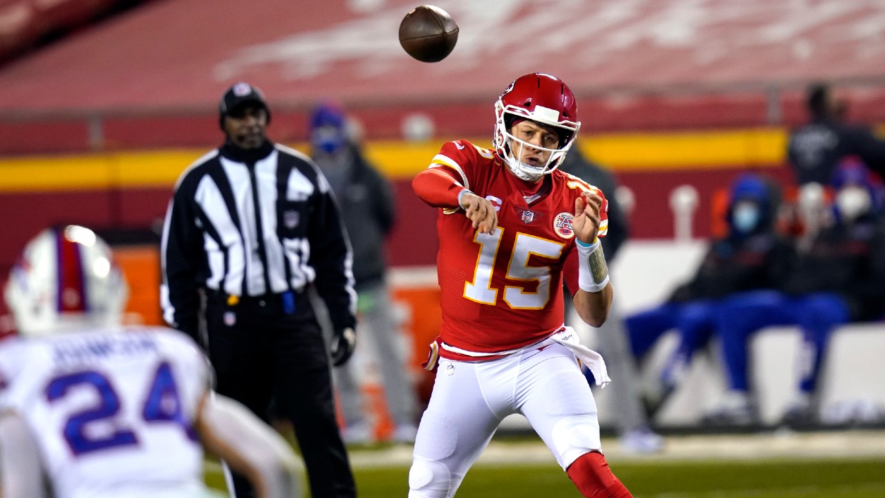 Kansas City Chiefs quarterback Patrick Mahomes throws a pass during the first half of the AFC championship against the Buffalo Bills, Sunday, Jan. 24, 2021, in Kansas City, Mo. (Orlin Wagner/AP)