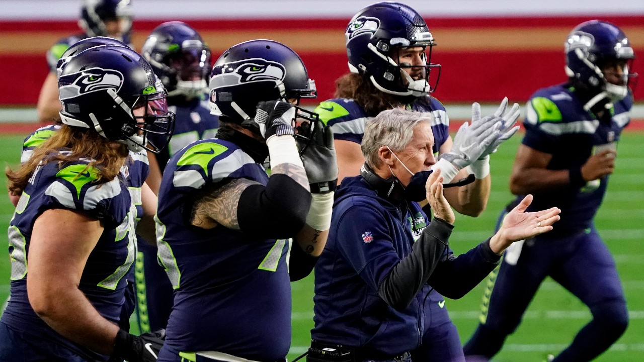Seattle Seahawks head coach Pete Carroll cheers after a touchdown against the San Francisco 49ers. (Rick Scuteri/AP)
