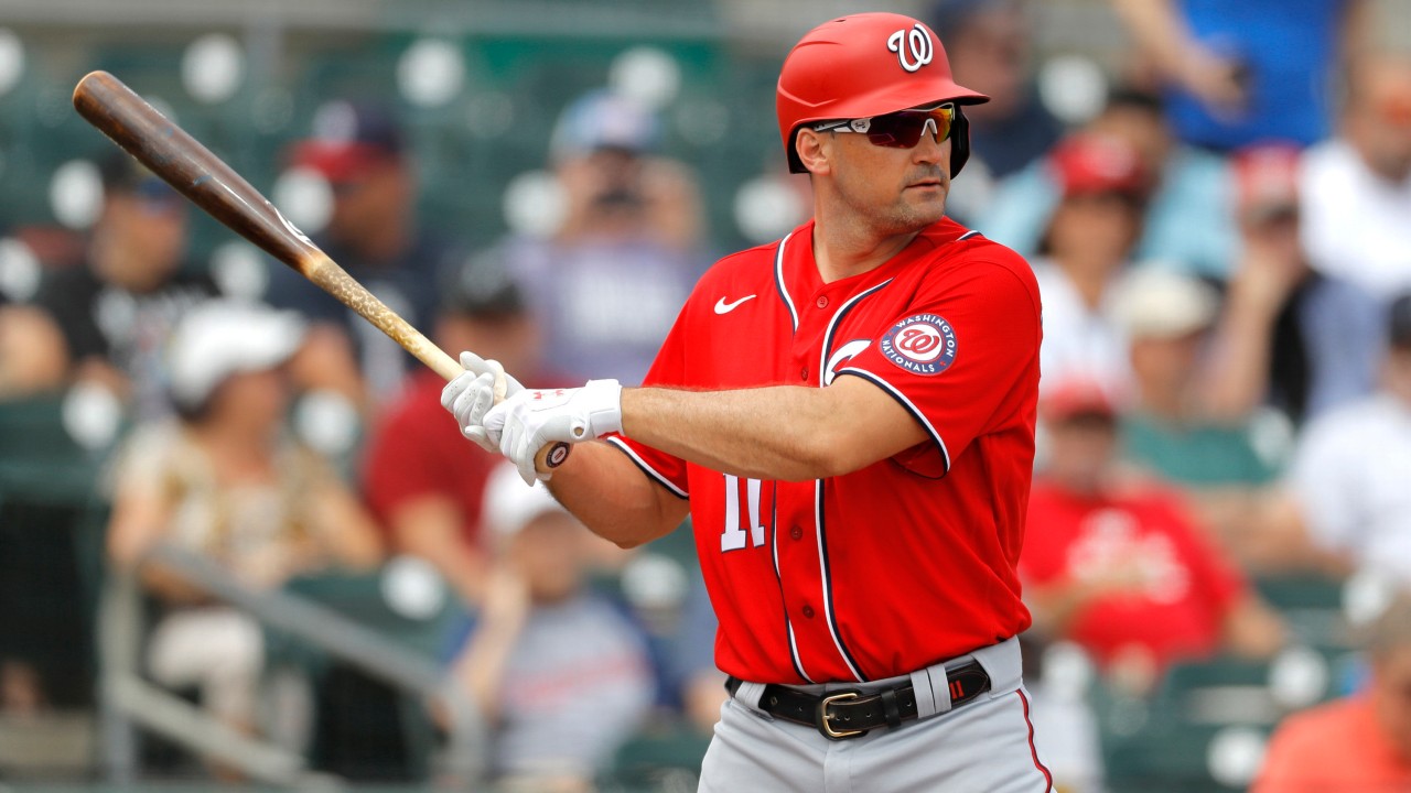 In this Tuesday, March 10, 2020, file photo, Washington Nationals' Ryan Zimmerman waits for a pitch from Miami Marlins pitcher Caleb Smith during the first inning of a spring training baseball game. (Julio Cortez, File, AP)