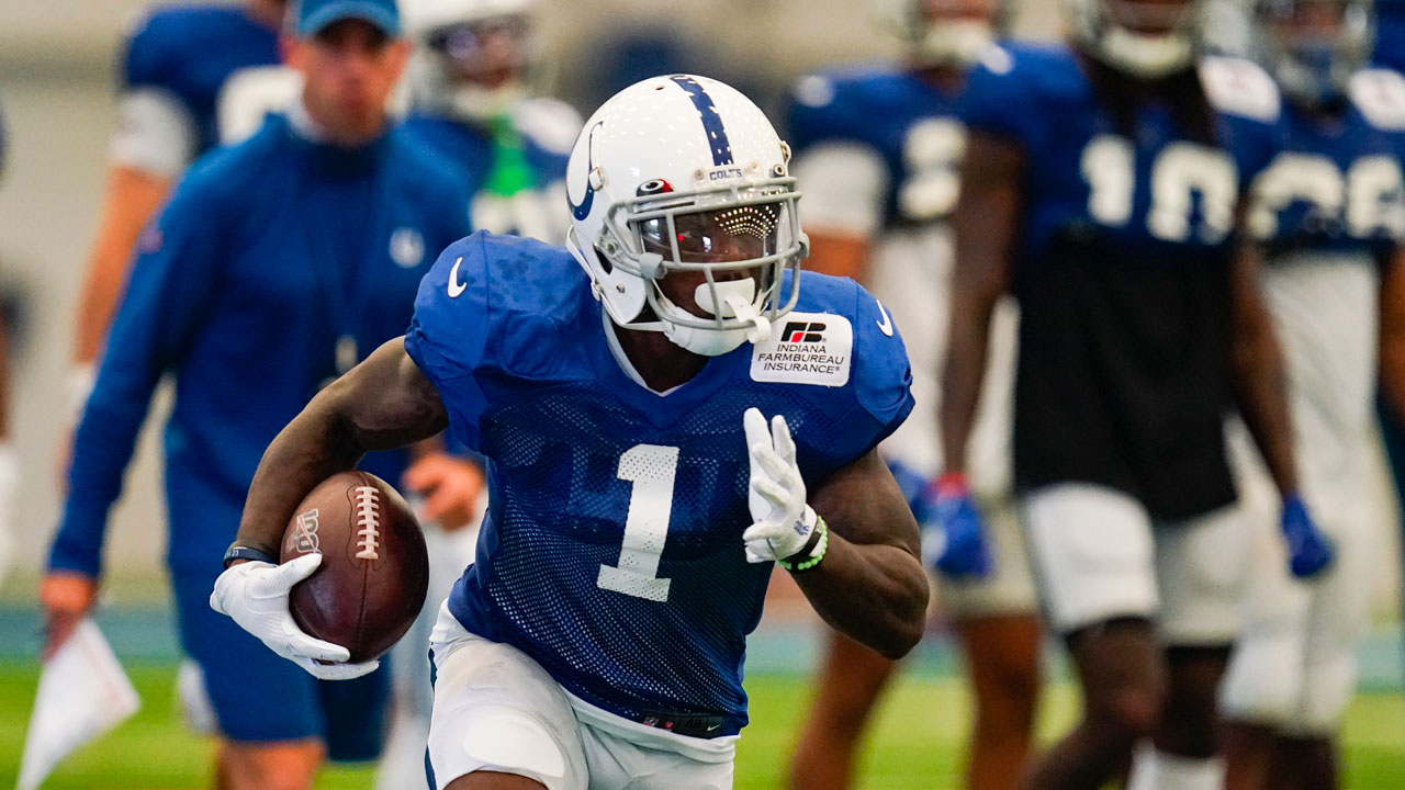 Indianapolis Colts wide receiver Artavis Scott (1) runs a drill during practice at the NFL team's football training camp in Indianapolis. (Michael Conroy/AP)