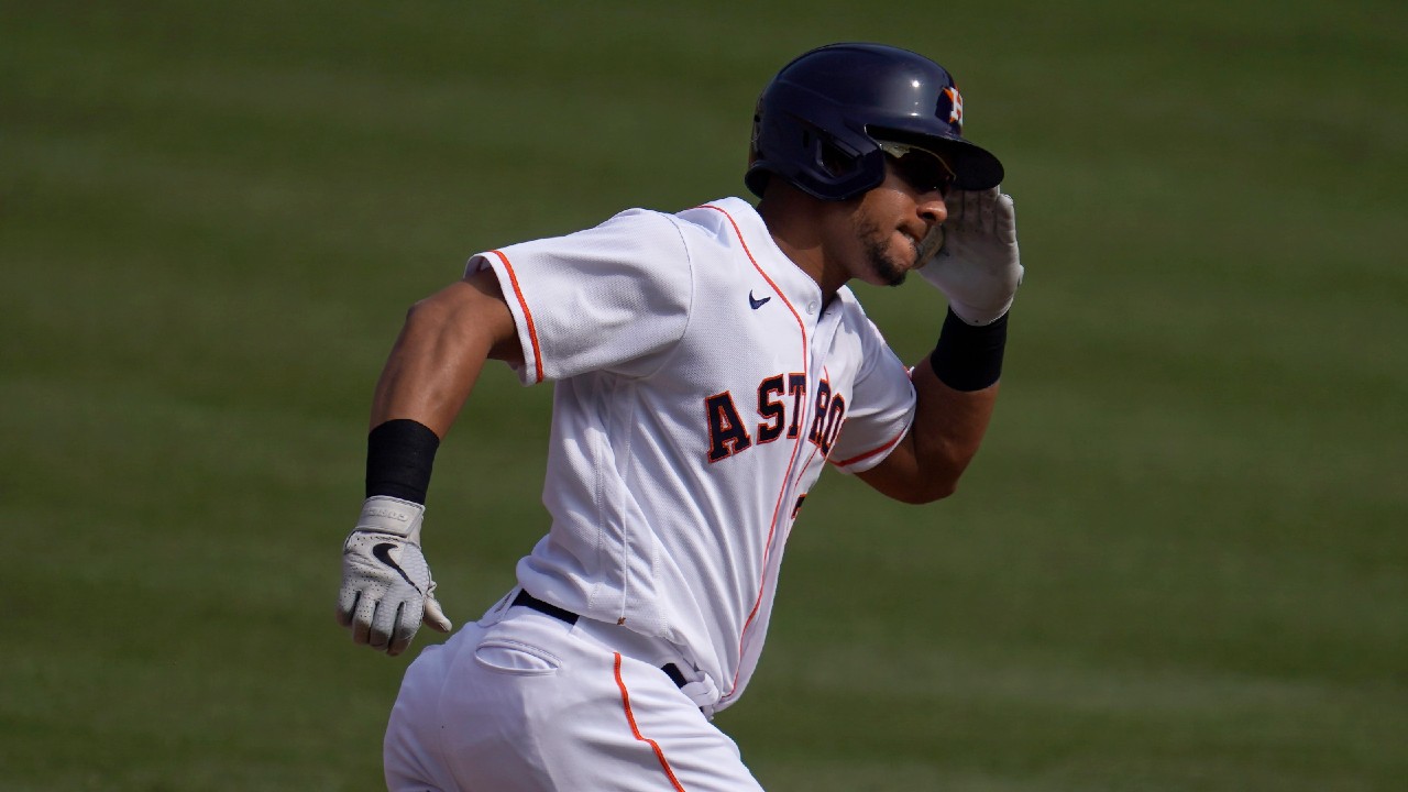 Houston Astros' Michael Brantley gestures while rounding the bases on his two-run home run against the Oakland Athletics during the fourth inning of Game 4 of a baseball American League Division Series in Los Angeles, Thursday, Oct. 8, 2020. (Marcio Jose Sanchez/AP)