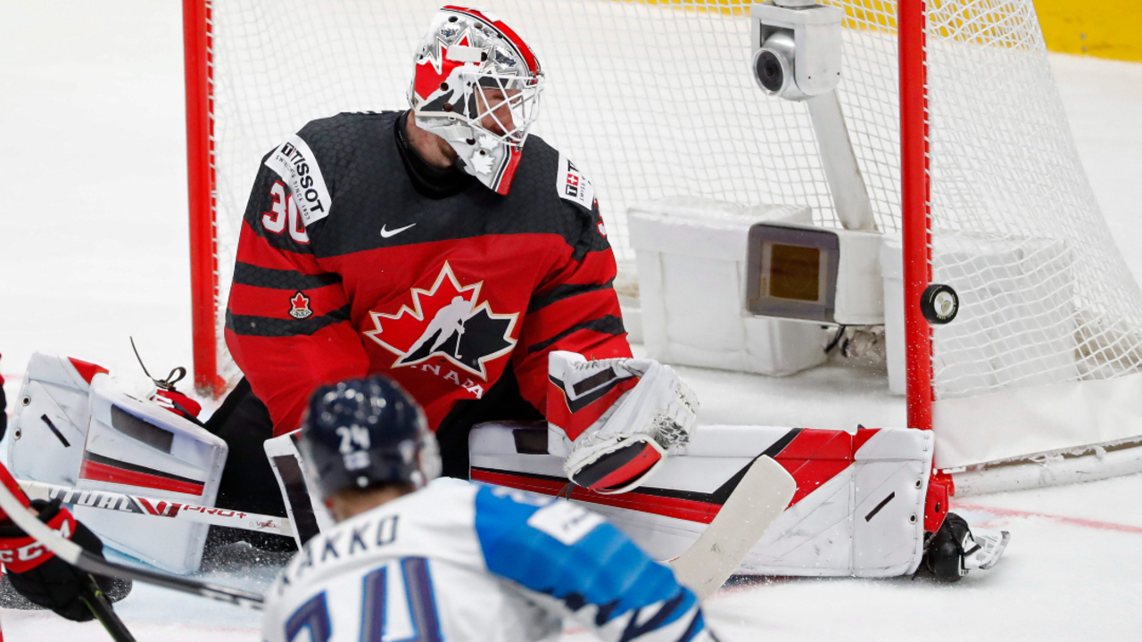 Canada goaltender Matt Murray (30) blocks a shot by Finland's Kaapo Kakko (24) during the Ice Hockey World Championships gold medal match at the Ondrej Nepela Arena in Bratislava, Slovakia, Sunday, May 26, 2019. (Petr David Josek/AP)