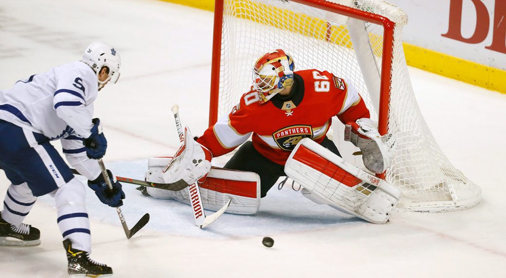 Chris Driedger of the Florida Panthers looks back on a score by