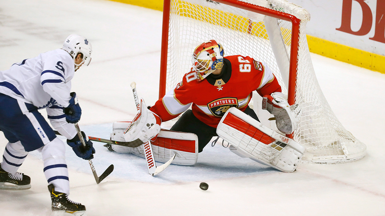 Toronto Maple Leafs centre John Tavares (91) takes a shot at Florida Panthers goaltender Chris Driedger (60) during the third period of an NHL hockey game, Sunday, Jan. 12, 2020, in Sunrise, Fla. (Wilfredo Lee/AP)